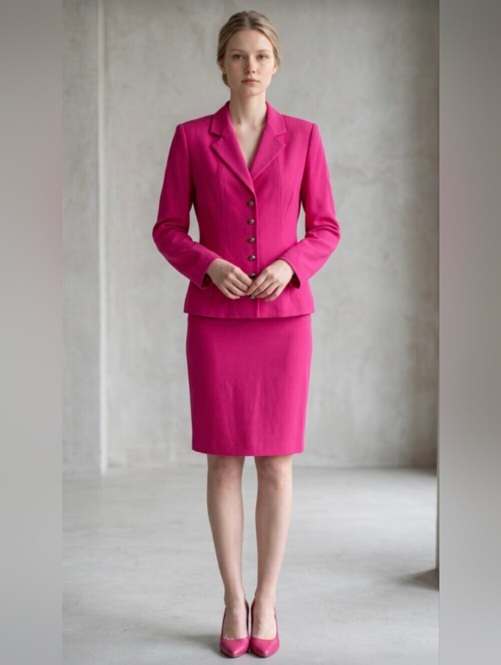 SAG HARBOR! FUSCHIA PINK, 6 BUTTON, 2 PC SKIRT & JACKET, BLAZER SUIT SET! SZ 10